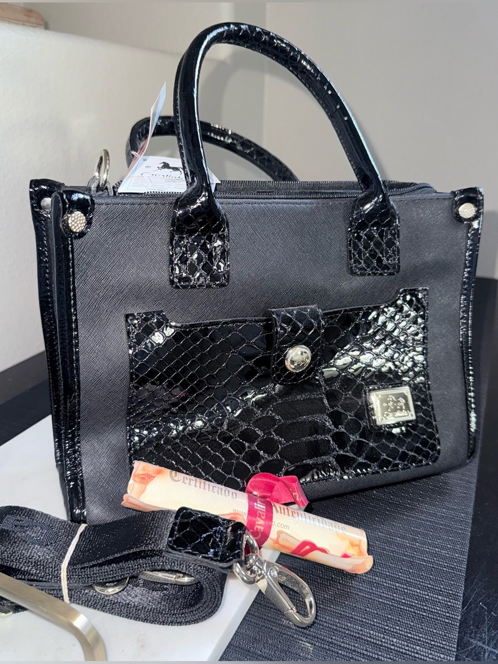 Cavalinho Black Faux Croc Accent Satchel and Crossbody Bag -  Women's Handbag